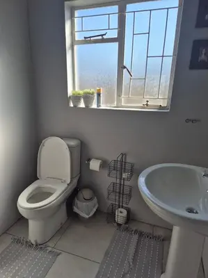 a bathroom with a toilet and a sink and a window at Sune's self catering 2 in Worcester