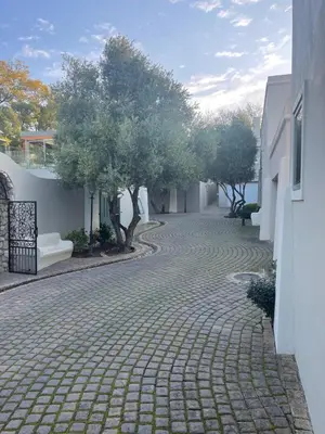 a cobblestone street with trees and white buildings at Lux in Paarl