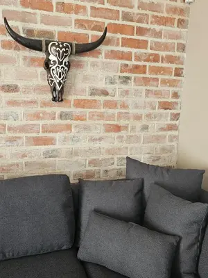 a bull head on a brick wall next to a couch at Cape Town Glam in Welgemoed