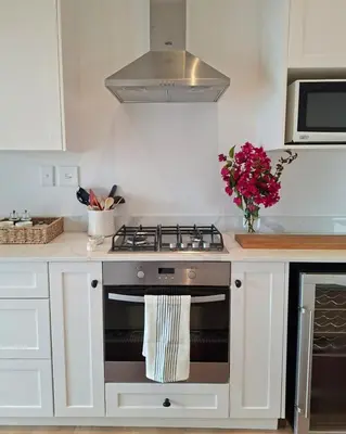 a kitchen with a stove and a vase of flowers at Bird's Landing in Hermanus