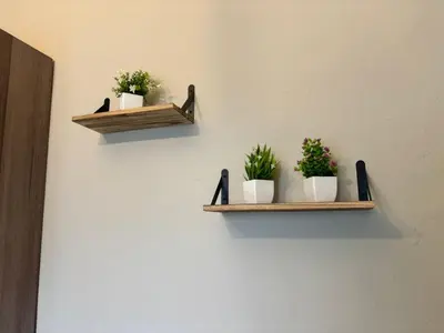 two wooden shelves on a wall with potted plants at The Old Silver Oaks Farm Cottage