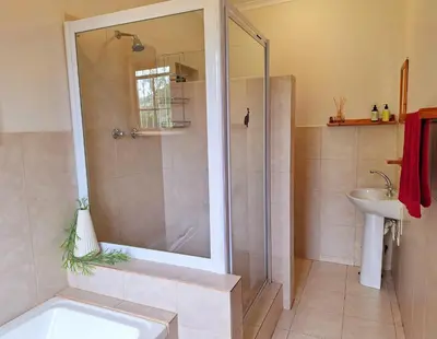 a bathroom with a shower and a sink at Rawsonville House in Rawsonville