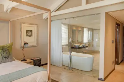 a bedroom with a bath tub and a bed at Abalone Guest Lodge in Hermanus