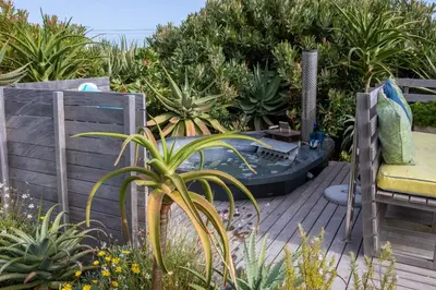 a garden with a wooden deck with a pool and plants at Stay At Friends in Bettyʼs Bay