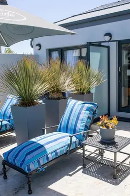 a bench and a table on a patio with potted plants at Stay At Friends in Bettyʼs Bay