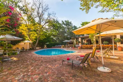 a swimming pool with two chairs and an umbrella at De Leeuwenhof Estate in Paarl