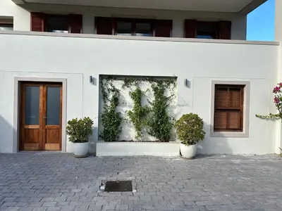 a white building with two potted plants in front of it at Residence Vive la Vie in Franschhoek