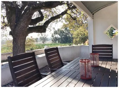 a wooden table and chairs on a porch with a tree at Hartebeeskraal Selfcatering cottage in Paarl