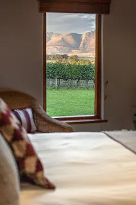 a bedroom with a bed and a window with a view at Belfield Wines and Farm Cottages in Grabouw