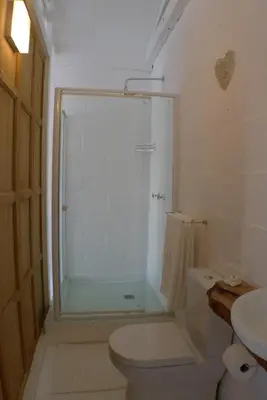 a bathroom with a shower with a toilet and a sink at Pashasha Beach House and Hot Tub in Hermanus
