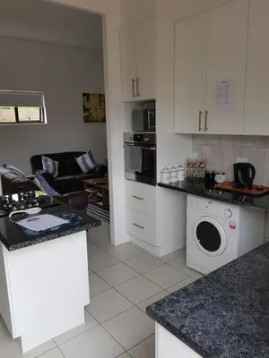 a kitchen with white cabinets and a washer and dryer at Stukkie Cottage in Hermanus