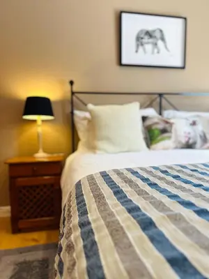 a bedroom with a bed and a table with a lamp at Vine Guesthouse in Stellenbosch