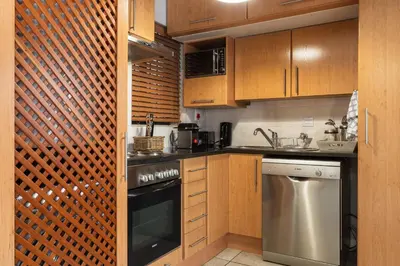 a kitchen with wooden cabinets and a stainless steel dishwasher at Avemore Eikehoff No 24 full back up power in Stellenbosch