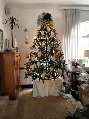 a christmas tree in the corner of a living room at Our Hermanus House in Hermanus