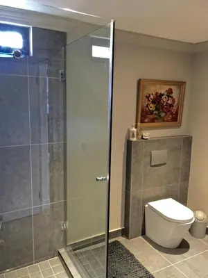 a bathroom with a shower and a toilet at Proteus Beach House in Rooiels