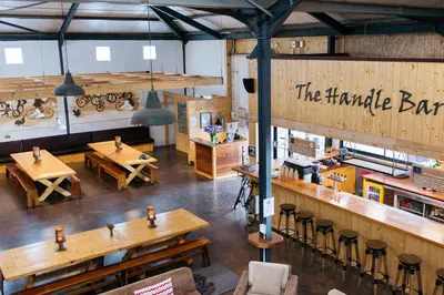 an overhead view of a restaurant with tables and chairs at Trail's End in Elgin