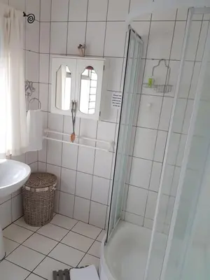 a bathroom with a shower and a toilet and a sink at Zonnevanger Guesthouse in Noorder-Paarl