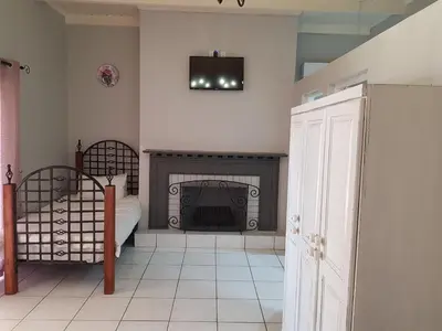 a bedroom with a fireplace and a bed and a tv at Zonnevanger Guesthouse in Noorder-Paarl