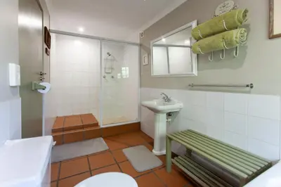 a bathroom with a sink and a shower and a toilet at Summerhill Guest Farm in Worcester