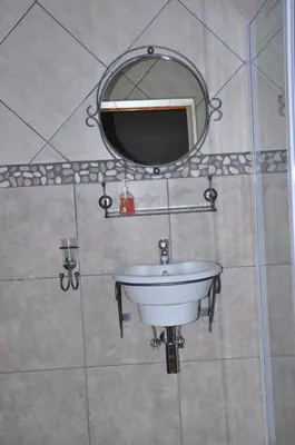 a bathroom with a sink and a mirror on the wall at Berg en Dal Guesthouse in Villiersdorp