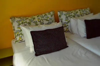 a bed with two pillows and a checkered pillow on it at BlackHorse Accommodation in Stellenbosch