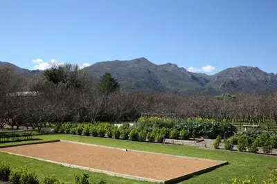 a garden with mountains in the background at La Chataigne Wines & Guest Cottages in Franschhoek