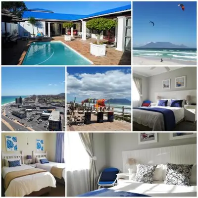 a collage of photos of a hotel with beds and the ocean at Dolphin Inn Blouberg in Bloubergstrand