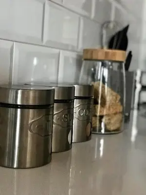 three metal buckets sitting on top of a kitchen counter at Panorama Self Catering in Panorama