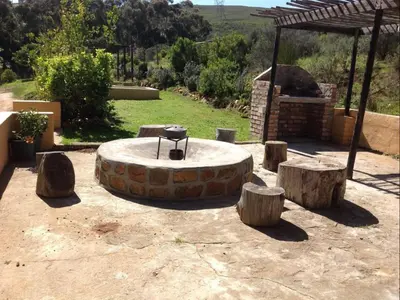 a stone fire pit with wooden stumps in a yard at Swaynekloof Farm in Botrivier