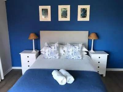 a blue bedroom with a large bed with two night stands at Akwa in Hermanus
