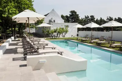 a swimming pool with lounge chairs and umbrellas at Klein Waterval Riverside Lodge in Franschhoek