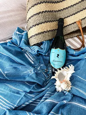 a bottle of wine sitting on top of a blue blanket at Kallistes Misty Shores Cottage in Bettyʼs Bay