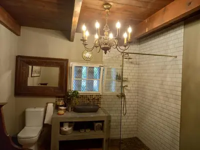 a bathroom with a sink and a toilet and a chandelier at Muratie Wine Estate in Stellenbosch