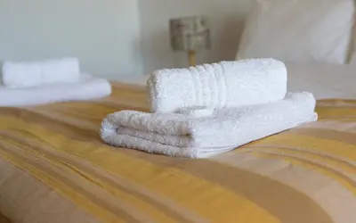 a pile of towels sitting on top of a bed at Windfall Wine Farm in Robertson