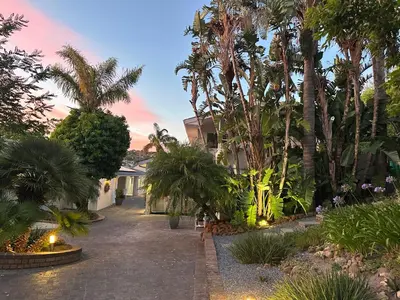 a courtyard with palm trees and a house with lights at Southern Cross Guesthouse in Somerset West