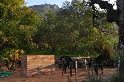 three chairs and a table in a garden with trees at Kierie Kwaak Self Catering in Stellenbosch