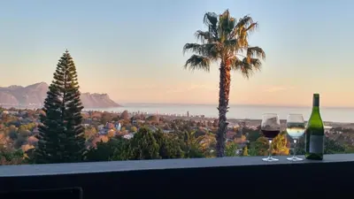 two glasses of wine sitting on a table with a palm tree at Agape Apartments in Somerset West