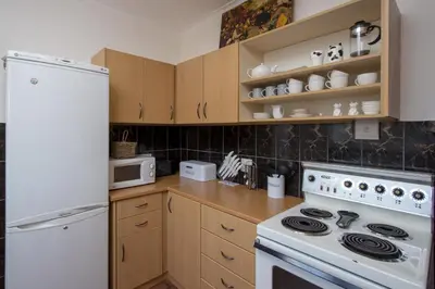 a kitchen with a stove and a white refrigerator at Stone Chimney Cottage in Hermanus