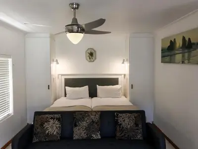 a bedroom with a bed with a ceiling fan at Howards End Manor B&B in Cape Town
