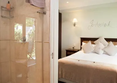 a bedroom with a bed and a shower at Keren's Vine Guesthouse in Stellenbosch