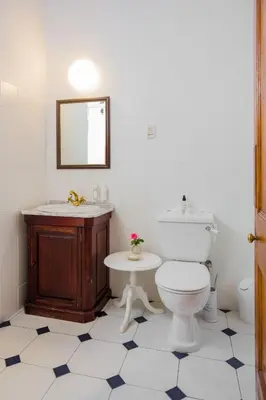 a bathroom with a toilet and a sink and a mirror at Roosenwijn Guesthouse in Stellenbosch