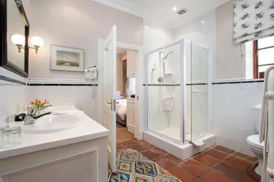 a white bathroom with a shower and a sink at La Fontaine Guest House Hermanus in Hermanus