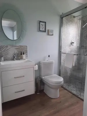 a bathroom with a toilet and a shower and a sink at Heavenly Breeze in Hermanus