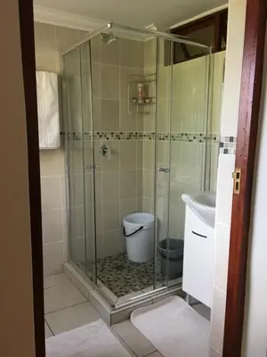 a bathroom with a shower with a toilet and a sink at Geranium Studio in Somerset West