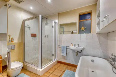 a bathroom with a shower and a toilet and a sink at The Yard in Gordonʼs Bay