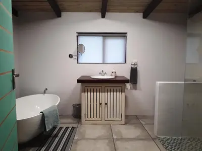 a bathroom with a sink and a tub and a mirror at The Cottage at Nuwejaarsrivier Farm in Kleinmond