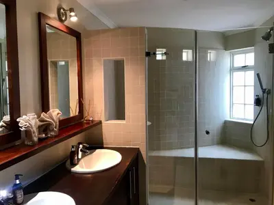 a bathroom with a sink and a shower with a mirror at Manor on the Bay in Gordonʼs Bay