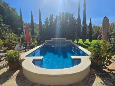 a swimming pool with a fountain in a garden at Sandmartins in Suider-Paarl
