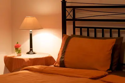 a bedroom with a bed with a lamp and a pillow at Golden Hill Guest House in Somerset West