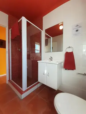 a bathroom with a shower and a sink and a toilet at Elements Cape Town in Table View